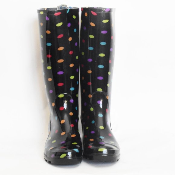 Arizona Jean Mulitcolor Black & Rainbow Polka-Dot Rain Boots Size 7 -AZ Winston- - Picture 3 of 10